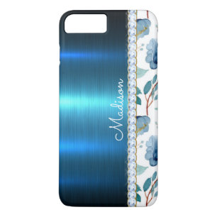 Blue Floral Metallic Glitter Classy Pretty Heart iPhone 8 Plus/7 Plus Case