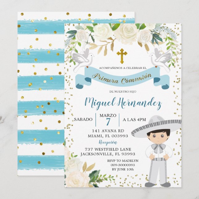 Blue Floral Mexican Boy Holy Communion Invitation (Front/Back)
