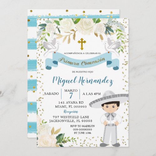 Blue Floral Mexican Boy Holy Communion Invitation