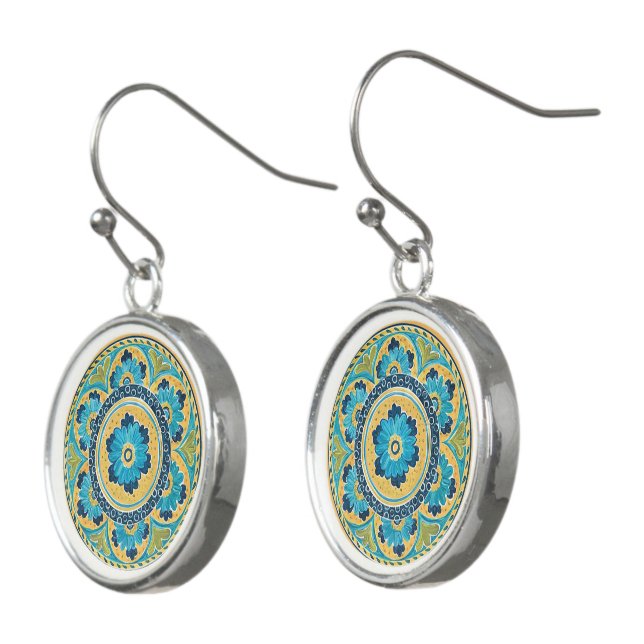 Blue Floral Mexican Tile Earrings (Angled)