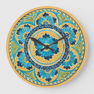 Blue Floral Mexican Tile Large Clock