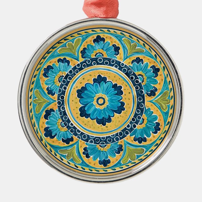 Blue Floral Mexican Tile Metal Ornament (Front)