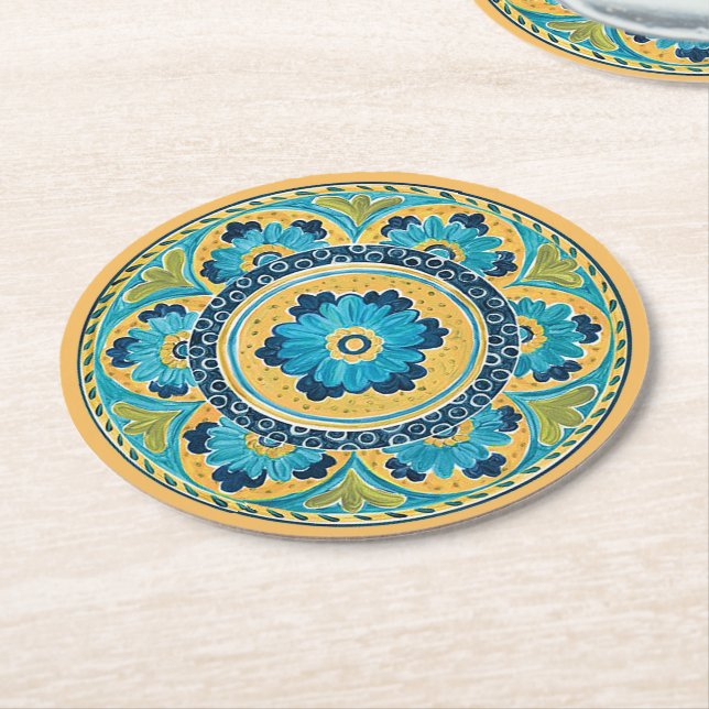 Blue Floral Mexican Tile Round Paper Coaster (Angled)