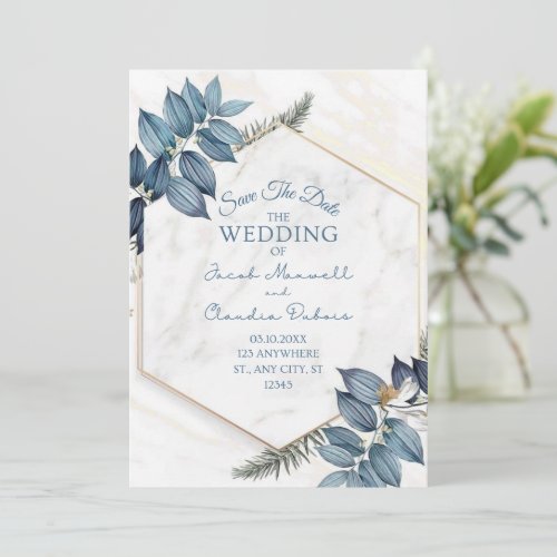 Blue Floral Minimalist Save The Date Card