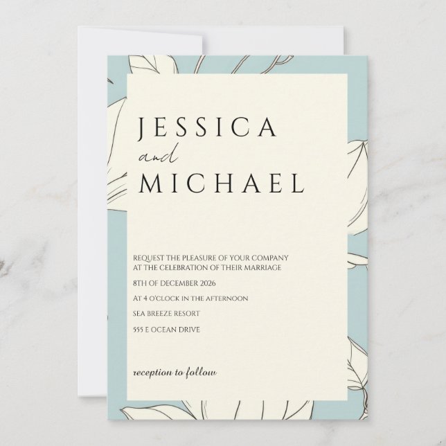Blue Floral Minimalist Wedding Invitation (Front)