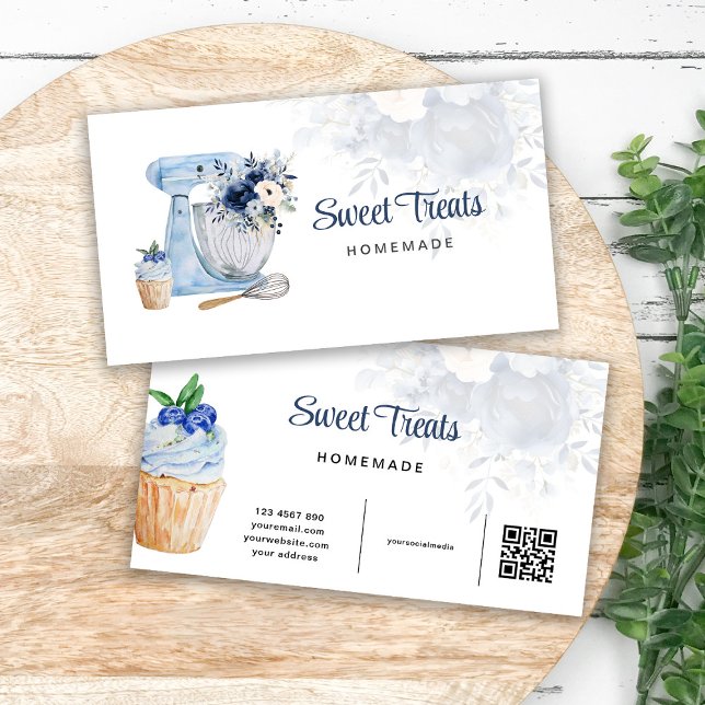 Blue Floral Mixer QR-Code Business Card (Creator Uploaded)