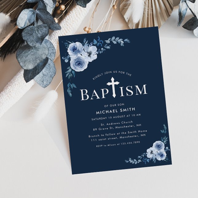 blue floral modern baptism invitation (Creator Uploaded)