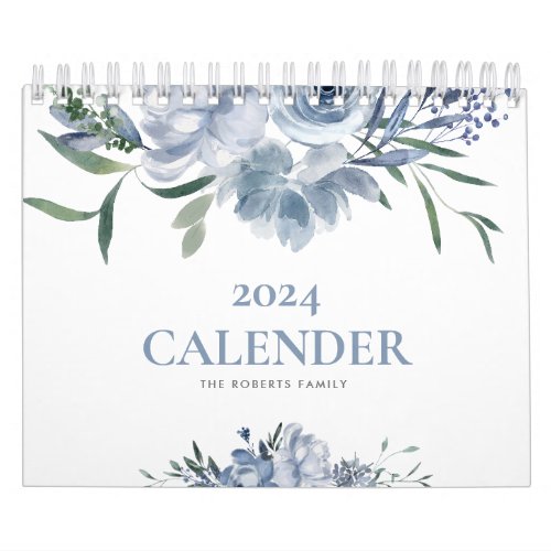 blue floral modern custom photo 2024 calender calendar