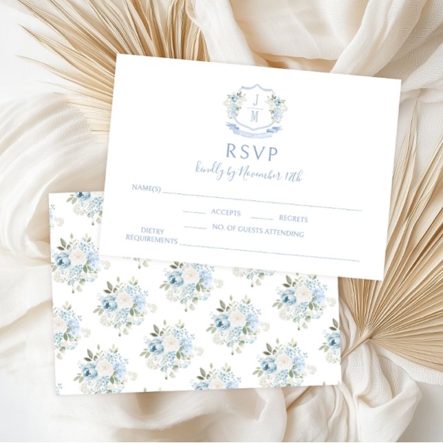 Blue Floral Modern Monogram Wedding RSVP Cards (Creator Uploaded)