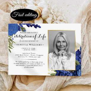 Blue Floral Modern Photo Celebration of life Invitation