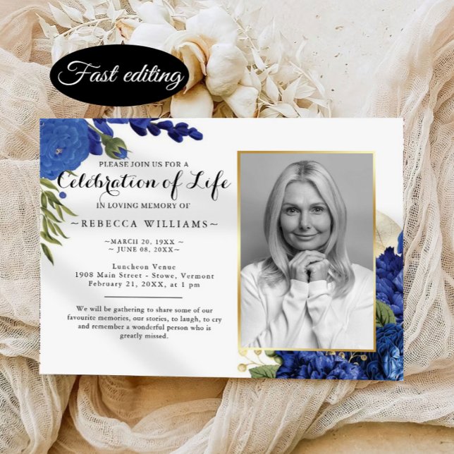 Blue Floral Modern Photo Celebration of life Invitation (Creator Uploaded)