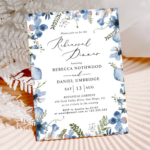 Blue Floral Modern Rehearsal Dinner Wedding  Invitation