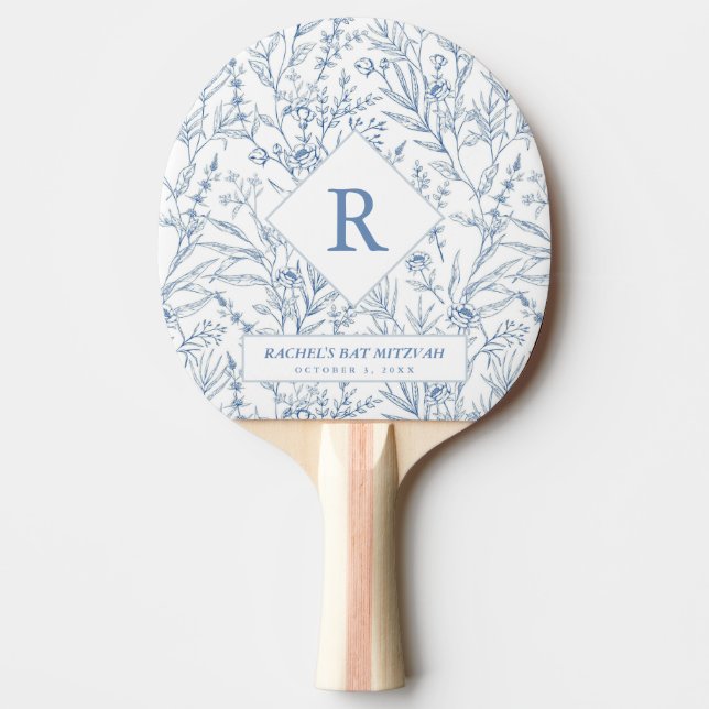 Blue Floral Monogram Bat Mitzvah Ping Pong Paddle (Front)