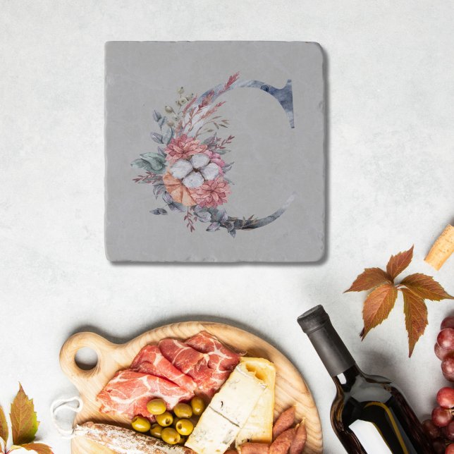 Blue Floral Monogram C Initial C Trivet (Blue Pink White floral Monogram C Watercolor Floral Trivet)