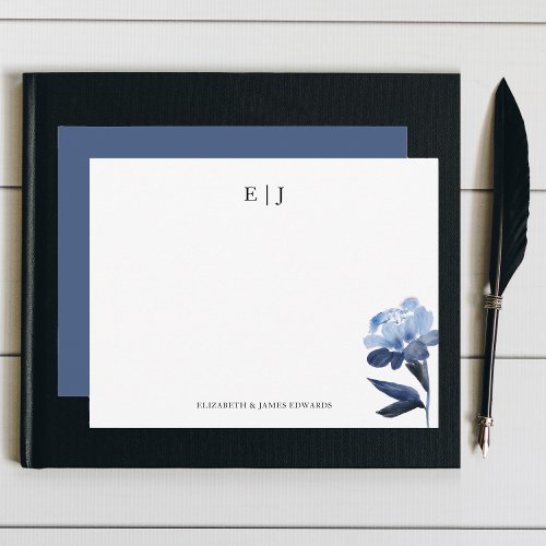 Blue Floral Monogram Couple Initials Personalized Note Card
