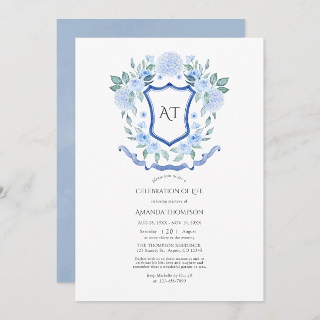 Blue Floral Monogram Crest Celebration of Life Invitation (Front/Back)