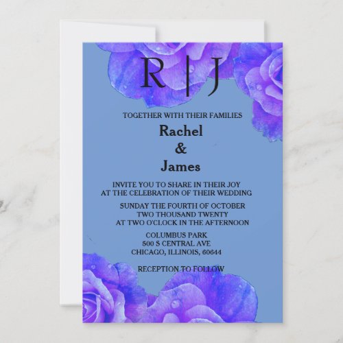 Blue Floral Monogram Elegant Rose Flowers Wedding Invitation