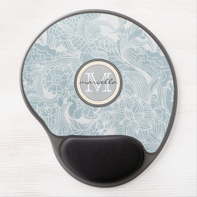 Blue Floral Monogram Gel Mouse Pad (Front)