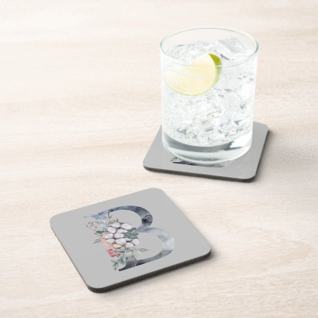 Blue Floral Monogram Initial B Beverage Coaster (Right Side)