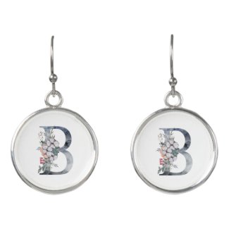 Blue Floral Monogram Initial B Earrings
