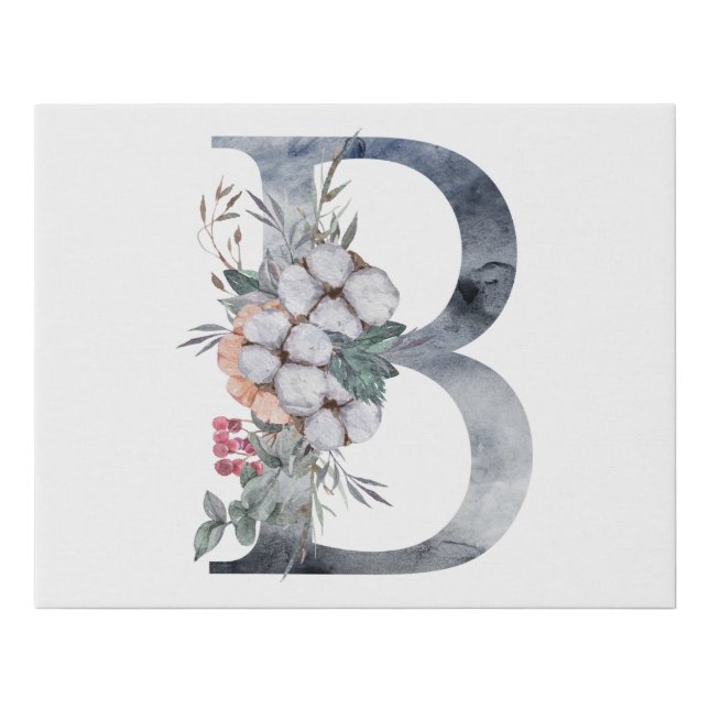 Blue Floral Monogram Initial B Faux Canvas Print (Front)