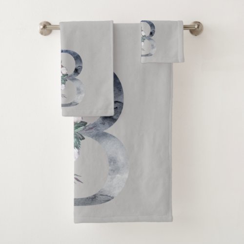 Blue Floral Monogram Initial B Gray Towel Set