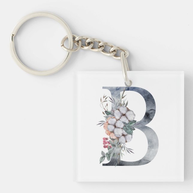 Blue Floral Monogram Initial B Keychain (Front)