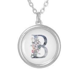Blue Floral Monogram Initial B Silver Plated Necklace