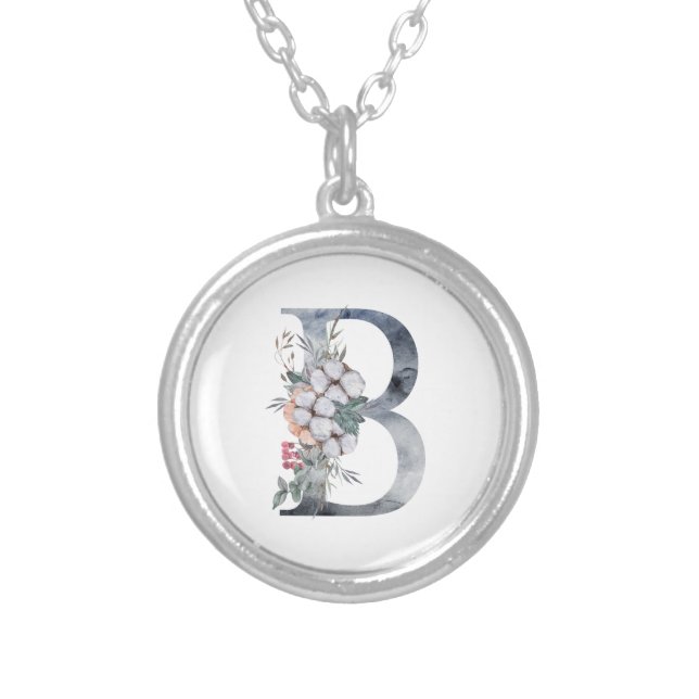 Blue Floral Monogram Initial B Silver Plated Necklace (Front)