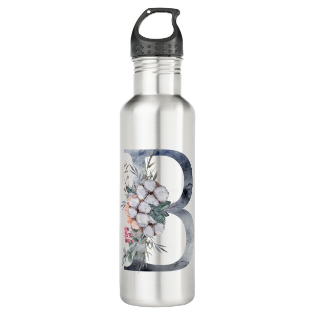 Blue Floral Monogram Initial B Stainless Steel Water Bottle (Front)