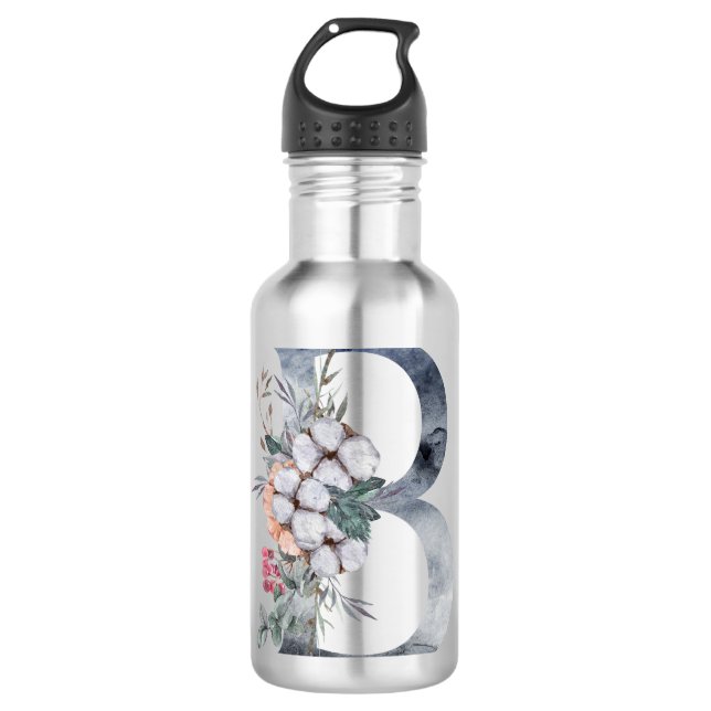 Blue Floral Monogram Initial B Stainless Steel Water Bottle (Front)