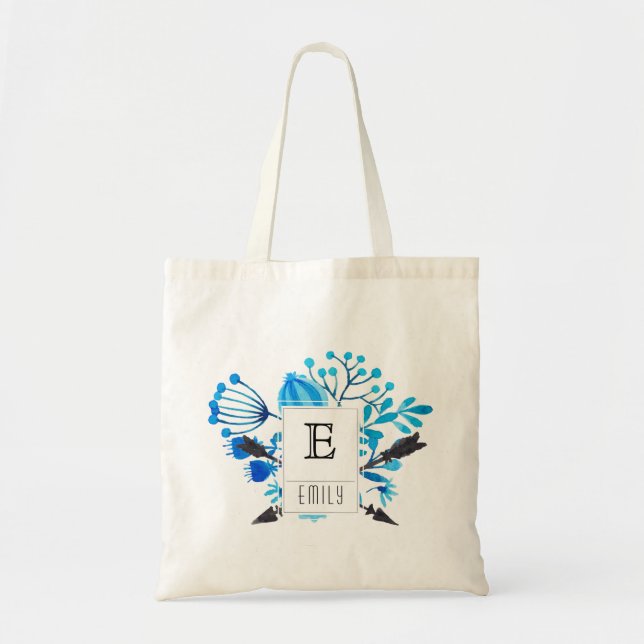 Blue Floral Monogram Initial Personalized Tote Bag (Front)