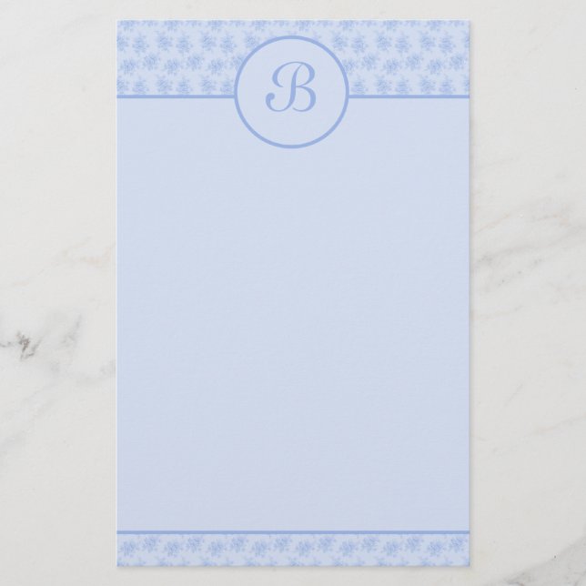 Blue Floral Monogram Initial Stationery (Front)