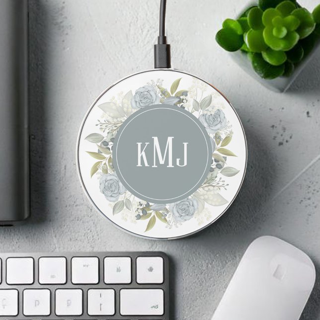 Blue Floral Monogram Initials Custom Wireless Charger (Blue floral monogram phone charger)