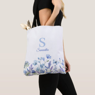 Blue Floral Monogram Name  Tote Bag