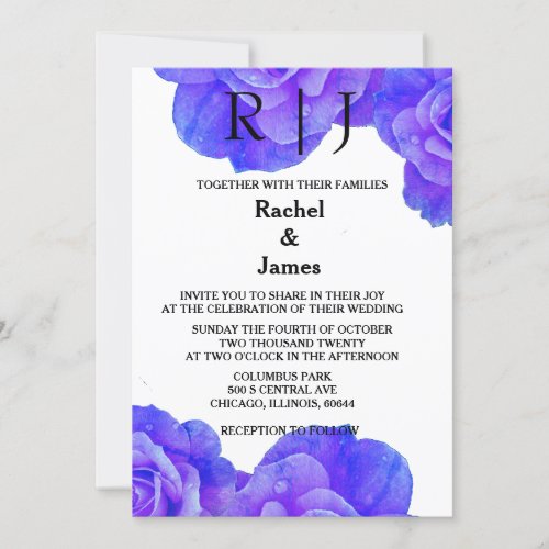 Blue Floral Monogram Rose Flowers Blooms Wedding Invitation