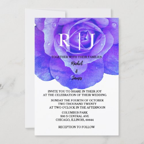 Blue Floral Monogram Rose Flowers Elegant Wedding Invitation