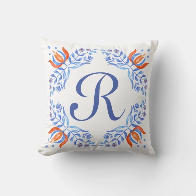 Blue Floral Monogram Throw Pillow (Front)
