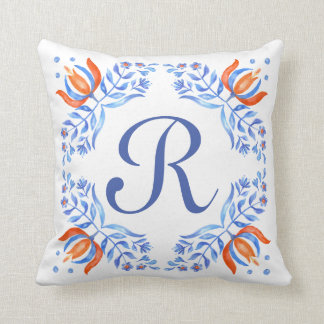 Blue Floral Monogram Throw Pillow
