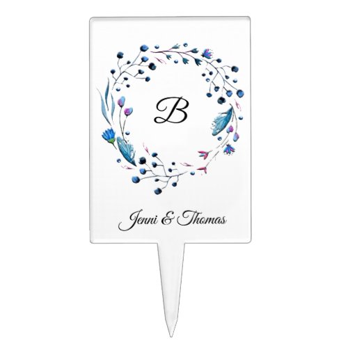 Blue Floral Monogram Wedding Cake Topper 