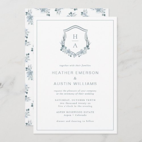 Blue Floral Monogram Wedding Invitation