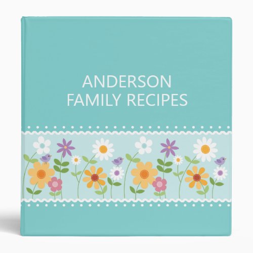 Blue Floral Monogrammed Family Recipe 3 Ring Binder