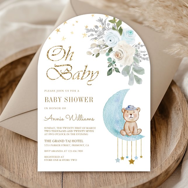 Blue Floral Moon Cute Teddy Bear Arch Baby Shower Invitation (Creator Uploaded)