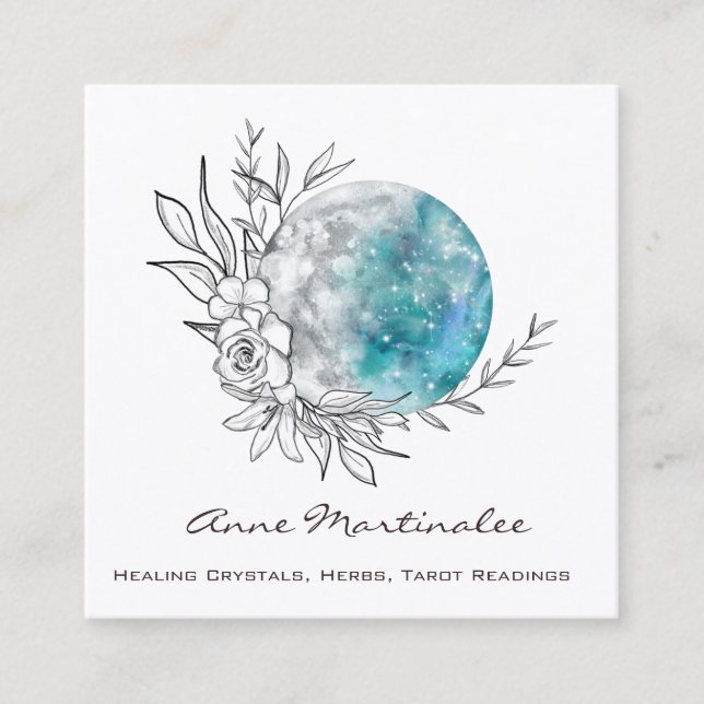 Blue Floral Moon Square Business Card (Front)