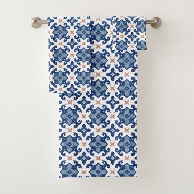 Blue Floral Moroccan Tile Pattern Bath Towel Set (Insitu)