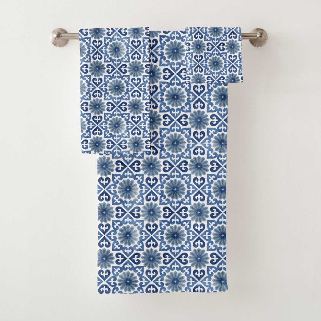 Blue Floral Moroccan Tile Pattern Bath Towel Set | Zazzle