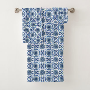 Blue Floral Moroccan Tile Pattern Bath Towel Set