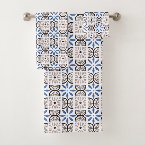 Blue Floral Moroccan Tile Pattern Bath Towel Set