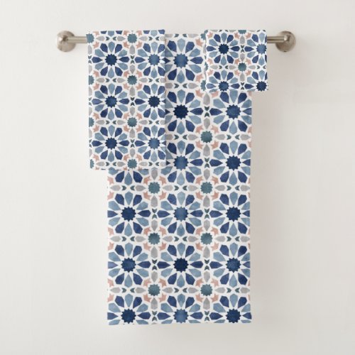 Blue Floral Moroccan Tile Pattern Bath Towel Set