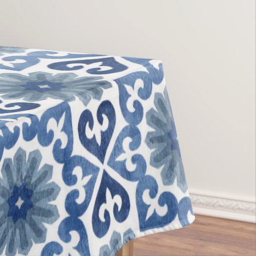 Blue Floral Moroccan Tile Pattern  Tablecloth